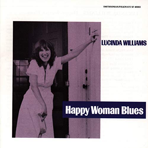 CD cover: woman in white dress smiling, doorway, text “Happy Woman Blues”.