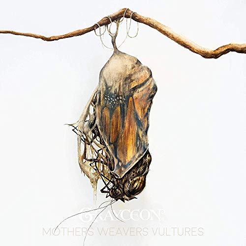 Painting of a large, hanging cocoon-like structure from a branch.