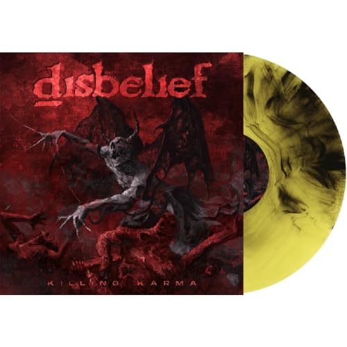 Disbelief "Killing Karma" vinyl record with demonic artwork and yellow swirl.
