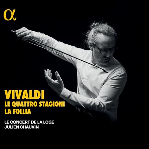 Conductor Julien Chauvin with violin, album cover for Vivaldi’s “Le Quattro Stagioni”.