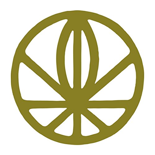 Olive green circular emblem with a stylized, organic design.
