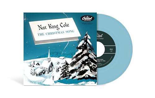 Nat King Cole’s “The Christmas Song” vinyl record with winter scene cover.