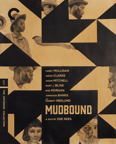 Mudbound" Blu-ray cover with portraits and geometric black and tan design.