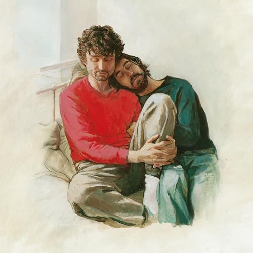 Painted album cover depicting two men embracing on a sofa.