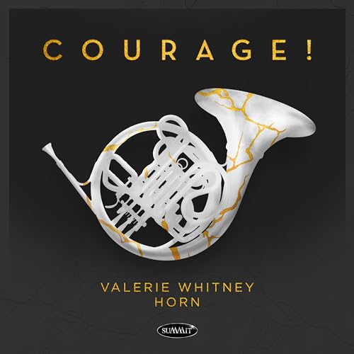CD cover: white cracked french horn on black background, text “Courage!”