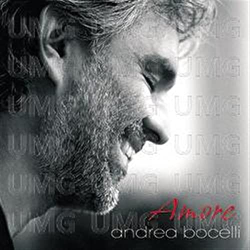 Black and white profile portrait of Andrea Bocelli with the album title Amore.