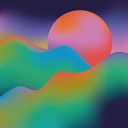 Abstract vinyl record cover with colorful waves and a large orange circle.