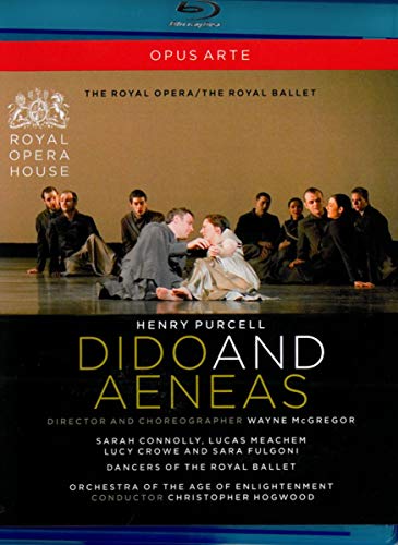 Blu-ray cover for "Dido and Aeneas" opera, featuring performers in dark clothing.