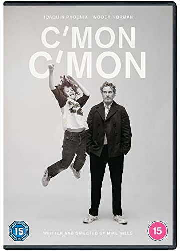 DVD cover for "C'mon C'mon" featuring Joaquin Phoenix and a jumping child.