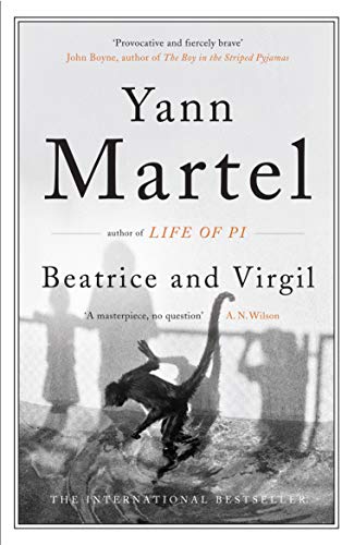 Book cover: "Beatrice and Virgil" by Yann Martel, with monkey and human figures.