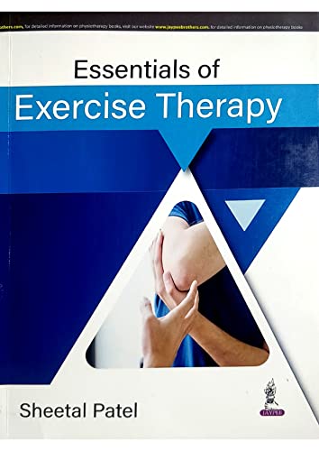 Book cover: “Essentials of Exercise Therapy” by Sheetal Patel, blue and white design.