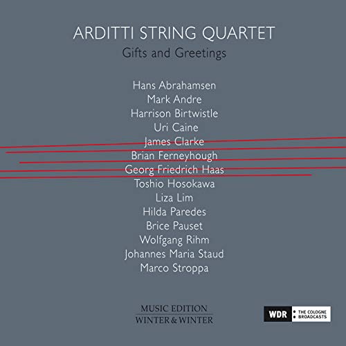 CD cover for Arditti String Quartet’s “Gifts and Greetings” with red lines.