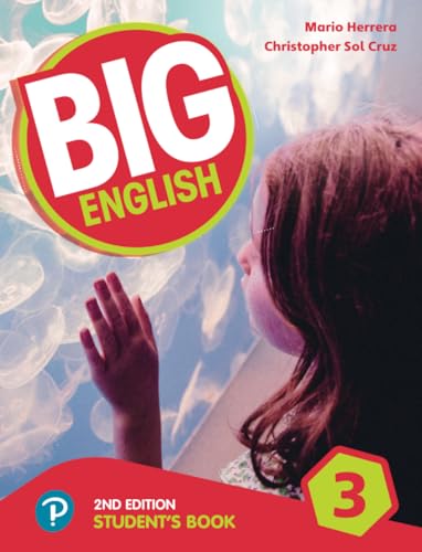 “Big English” student book cover with a girl looking at jellyfish.