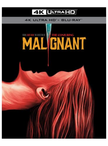 “Malignant” Blu-ray cover featuring a red, distorted face and dripping text.