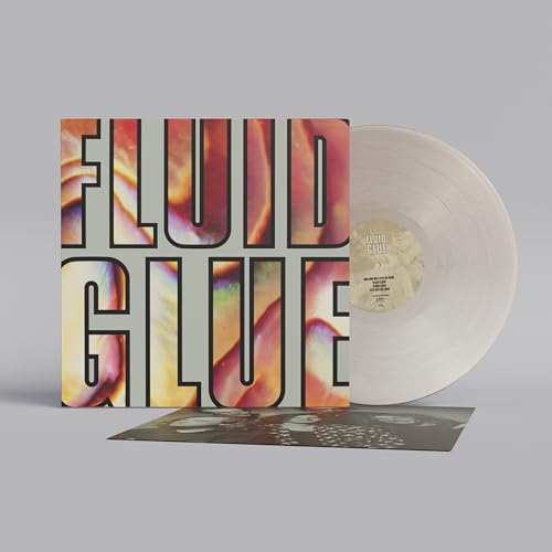 Vinyl record and album cover with colorful, distorted text.
