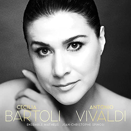 Close-up portrait of Cecilia Bartoli with album title text overlayed.