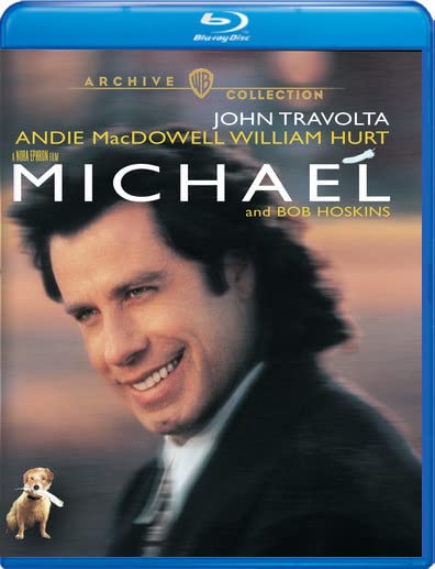 Blu-ray cover for “Michael” featuring John Travolta and a small dog.