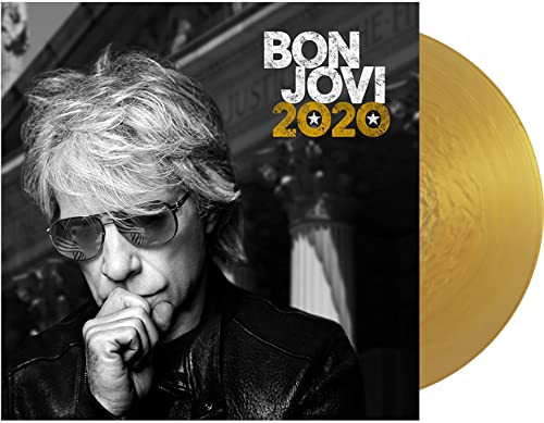 Bon Jovi 2020 vinyl record cover with gold-colored disc beside it.