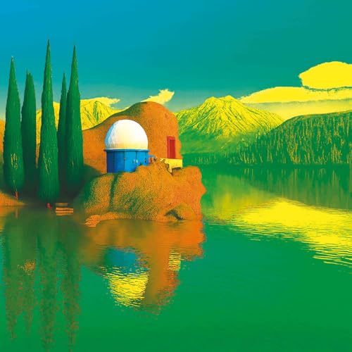 Surreal landscape with a blue dome, trees, and mountains reflected in water.