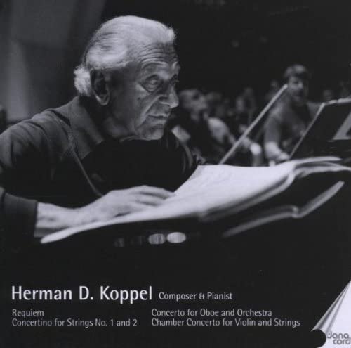Black and white CD cover featuring pianist Herman D. Koppel at the piano.