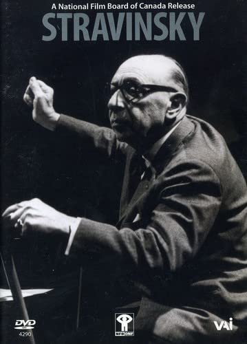 Black and white DVD cover featuring composer Igor Stravinsky conducting.