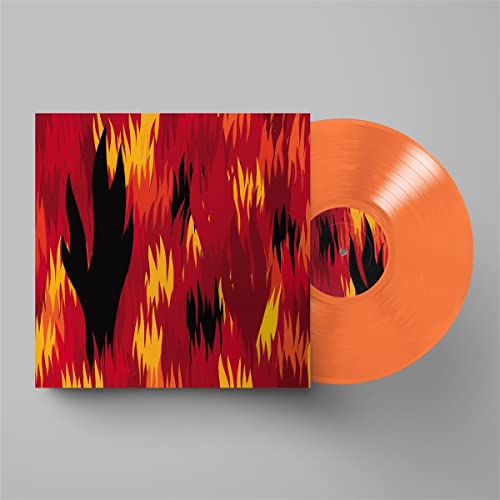 Orange vinyl record with album cover featuring a black hand and flames.