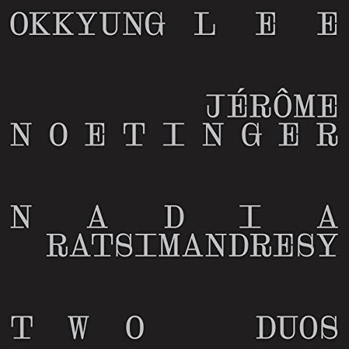 Black album cover with white text listing artist names and title.