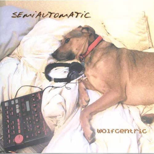 Dog with headphones and music equipment on a bed.