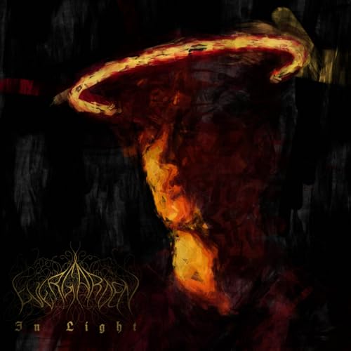Dark, textured album cover featuring a fiery, distorted face and ornate logo.