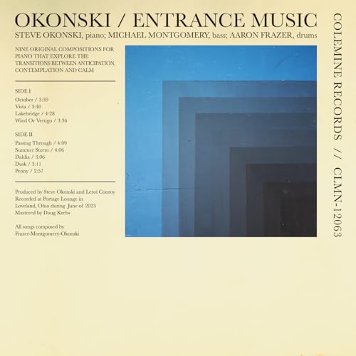 Vinyl record cover for Okonski’s “Entrance Music” with abstract blue squares.