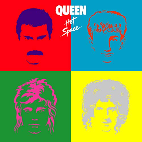 Queen Hot Space album cover featuring four stylized portraits of the band members.