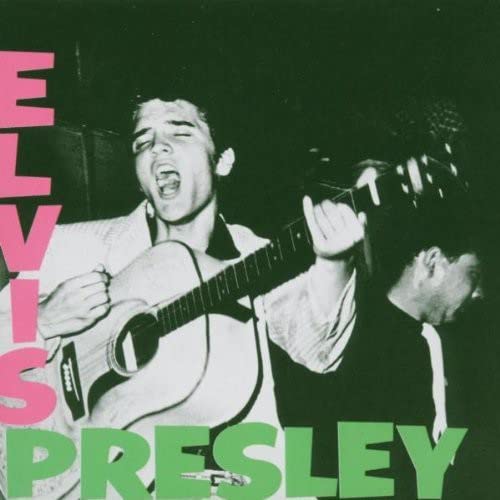 Elvis Presley playing acoustic guitar, pink and green album cover.