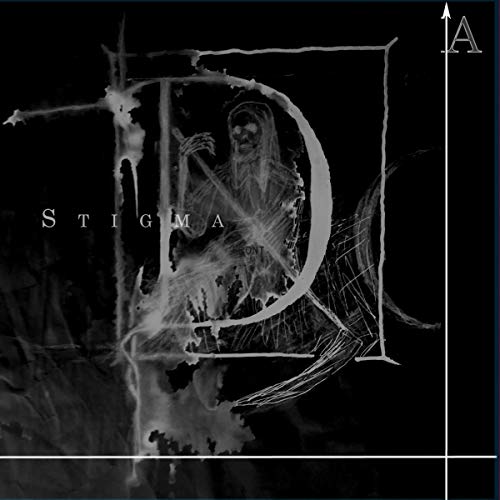 Dark album cover featuring a ghostly figure within a large letter "D".
