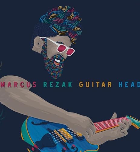 Illustration of a man with colorful hair and beard playing a blue guitar.