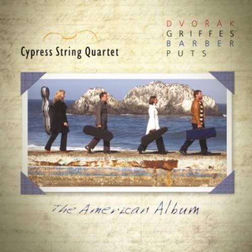 CD cover featuring a string quartet walking on a beach.