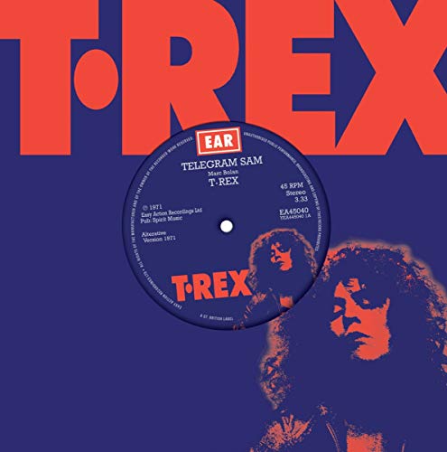 T-Rex vinyl record label with band members in red and blue.