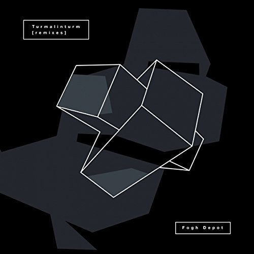 Black album cover with abstract white geometric shapes and text.