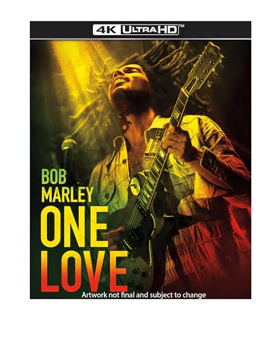 Bob Marley playing guitar on the "One Love" 4K UHD Blu-ray cover.