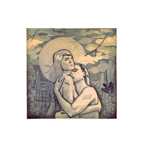 Sketch of a couple embracing, with a city skyline and sun behind.