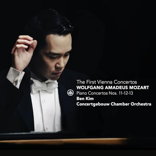 Pianist Ben Kim in formal wear, album cover for Mozart concertos.