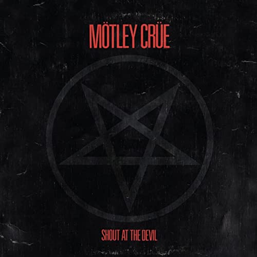 Mötley Crüe Shout at the Devil album cover with a black pentagram on black.