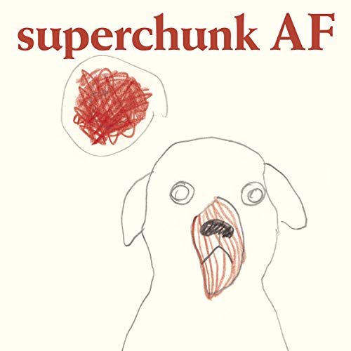 Sketch of a dog’s face with red scribbles above its head.