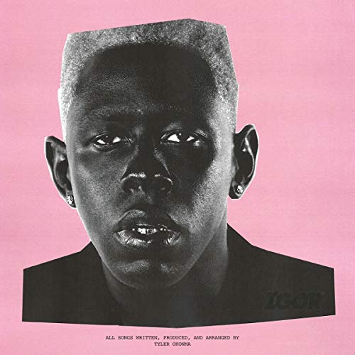 Close-up portrait of Tyler, The Creator with pink background, album cover.