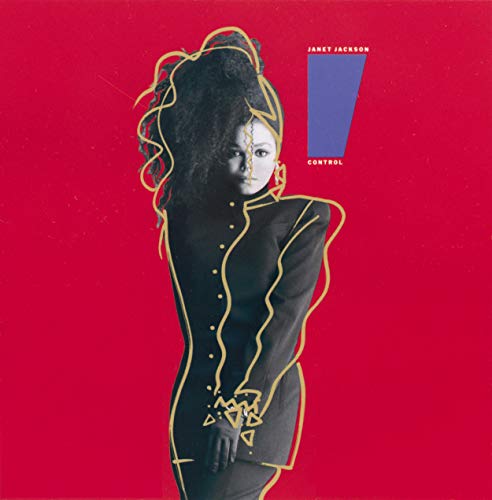 Janet Jackson album cover for "Control" with red and blue design.
