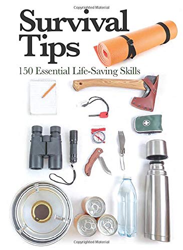Book cover with survival tools: axe, binoculars, compass, and food cans.