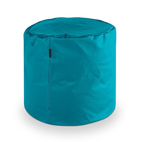 Turquoise cylindrical beanbag chair with a visible zipper on the side.