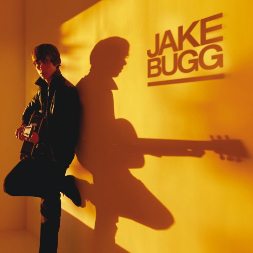 Jake Bugg album cover, silhouette of musician with guitar, orange background.