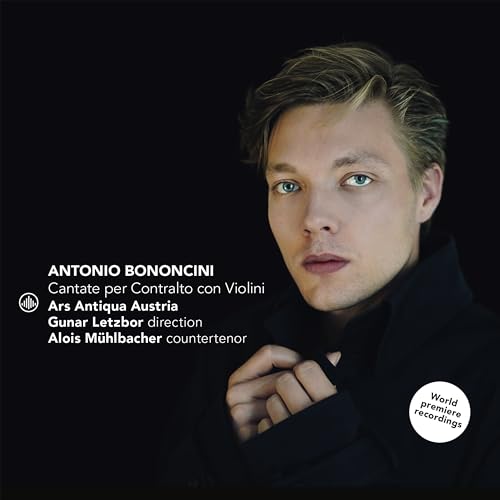CD cover: Portrait of a young man with text about Bononcini’s cantatas.