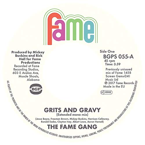 Vinyl record label with "Fame" logo, song titles, and production details.
