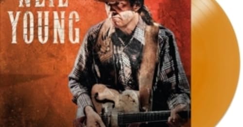 Neil Young with guitar, album cover and yellow vinyl record shown.